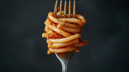 Pasta recipe, close-up of a fork with a mouthful of appetizing pasta wrapped around it