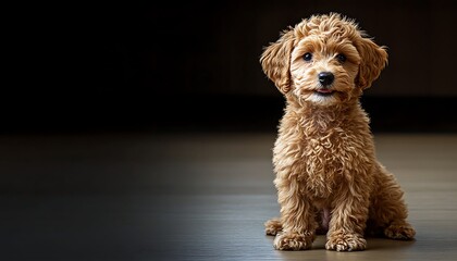 Puppy sitting on floor, looking at camera, indoors background