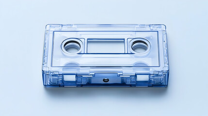 Obraz premium Transparent Blue Cassette Tape Centered on Light Blue Background Isolated Studio Shot