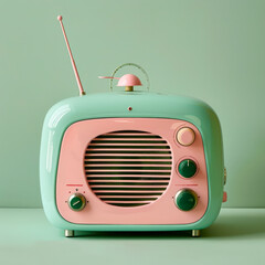Obraz premium A vintage-inspired radio with pastel colors sits against a mint green backdrop, highlighting its charming design and nostalgic appeal in a modern setting