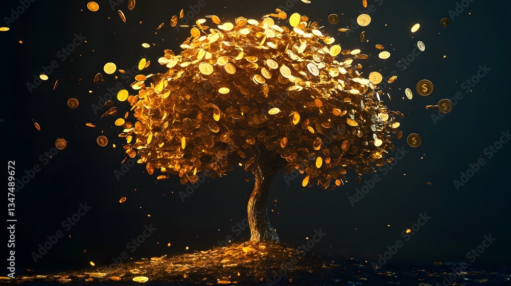 Poster a digital rendering of a unique gold tree with coins falling from its branches