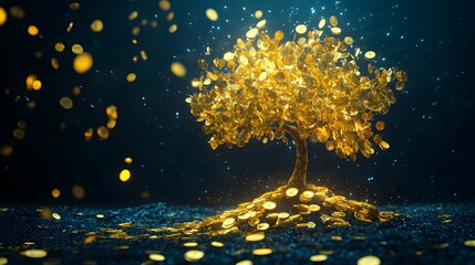 Fototapeta premium golden tree with coins, representing wealth and prosperity. The tree's leaves and the ground are adorned with coins, symbolizing financial growth and abundance