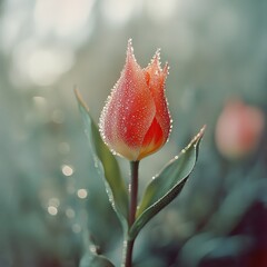  Close-up of single red tulip covered in morning dew, with tiny water droplets glistening on its delicate petals, capturing the beauty of spring.