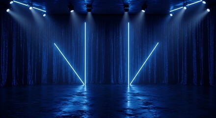 Neon Lit Stage with Geometric Blue Lines Dark Curtained Backdrop 3D Render