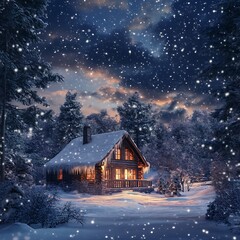 Snowy Night for Cabin in Woods, Winter Wonderland.