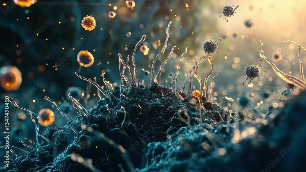 Poster visual representation of cells multiplying under a microscope in a dynamic and vibrant environment, 