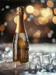 Chilled champagne bottle surrounded by ice cubes with festive bokeh.