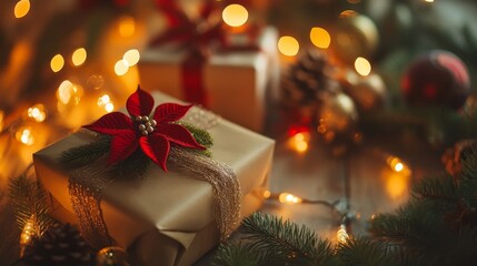 Christmas Gift with Poinsettia and Festive Lights