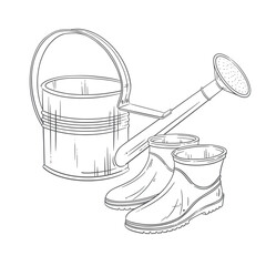 Aluminum watering can and rubber gardening boots. A simple vector graphic illustration. Perfect sketch for farming, garden care, outdoor themes, seasonal spring and summer decorations, signs, coloring