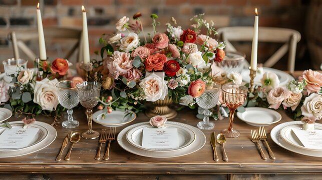 Vintage inspired wedding tablescape antique gold cutlery and handwritten menus elegant branding area