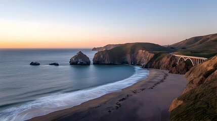 Aerial View of a Beach at Dusk with Cliffs and Rocky Outcrops Under an Orange Hued Sky