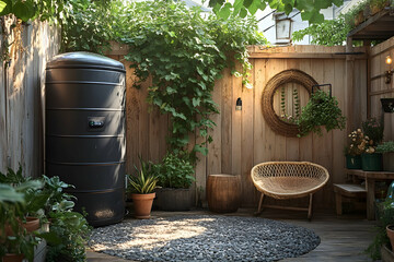 Serene courtyard garden with gravel flooring, wooden walls, wicker chair, potted plants, and a water tank