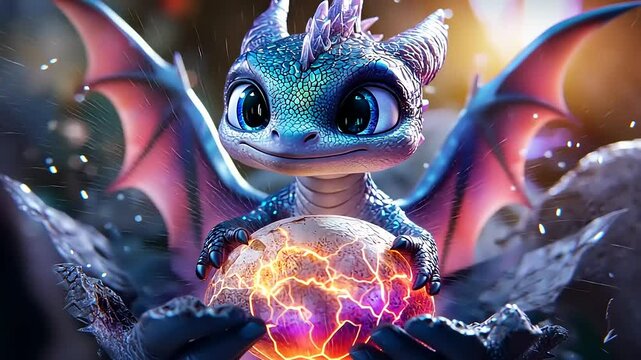 Cute dragon hatching from a glowing egg in a mystical landscape