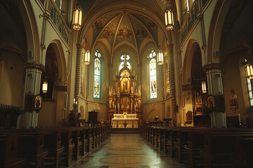 Fototapeta premium Soft light filters through stained glass windows, illuminating the beautiful altar and intricate details of the church interior