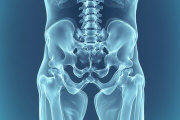 Detailed view of human skeletal structure focusing on pelvis and lower limbs in a medical illustration