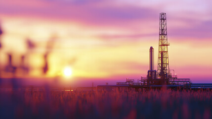 Fototapeta premium stunning sunset over oil rig, showcasing vibrant colors and serene atmosphere. scene captures beauty of industrial landscapes at dusk