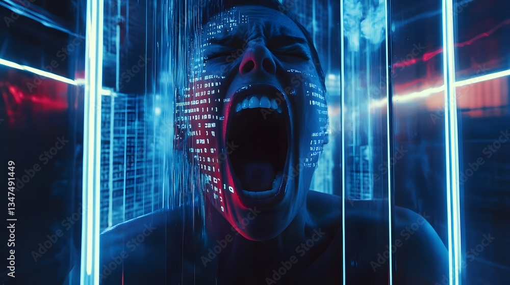 Poster a person is screaming with lines of code on their face and glowing blue light around them