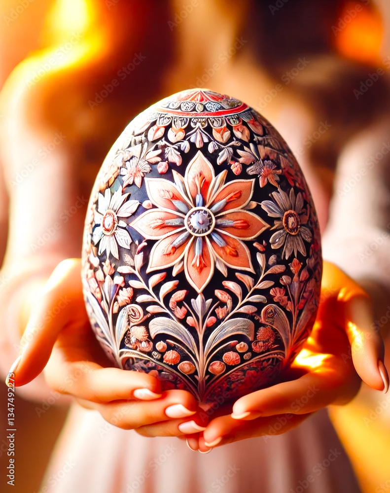 Poster intricate hand-painted decorative egg held by a person in a softly lit setting during springtime