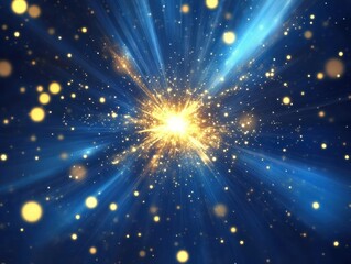 Obraz premium Golden Celestial Burst Sparkling Blue Background Rays Dust