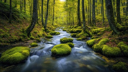 Fototapeta premium Serene Forest Stream: A Tranquil Scene of Lush Moss and Flowing Water