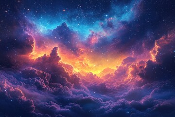 Vibrant cosmic clouds illuminate the night sky over an ethereal landscape filled with swirling colors and sparkling stars