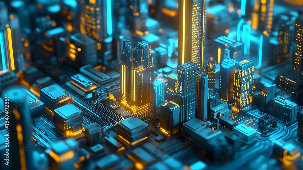 Poster a vibrant city of technology with glowing structures and intricate circuit board design
