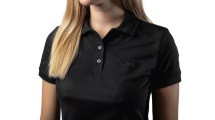 Blond waitress wearing black polo shirt with transparent background