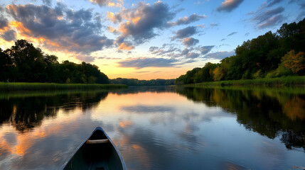 Obraz premium Tranquil River Sunset Scene with Canoe Reflection and Vibrant Skies