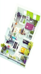 Small apartment floorplan, 3D rendering, modern design, urban living, home plans