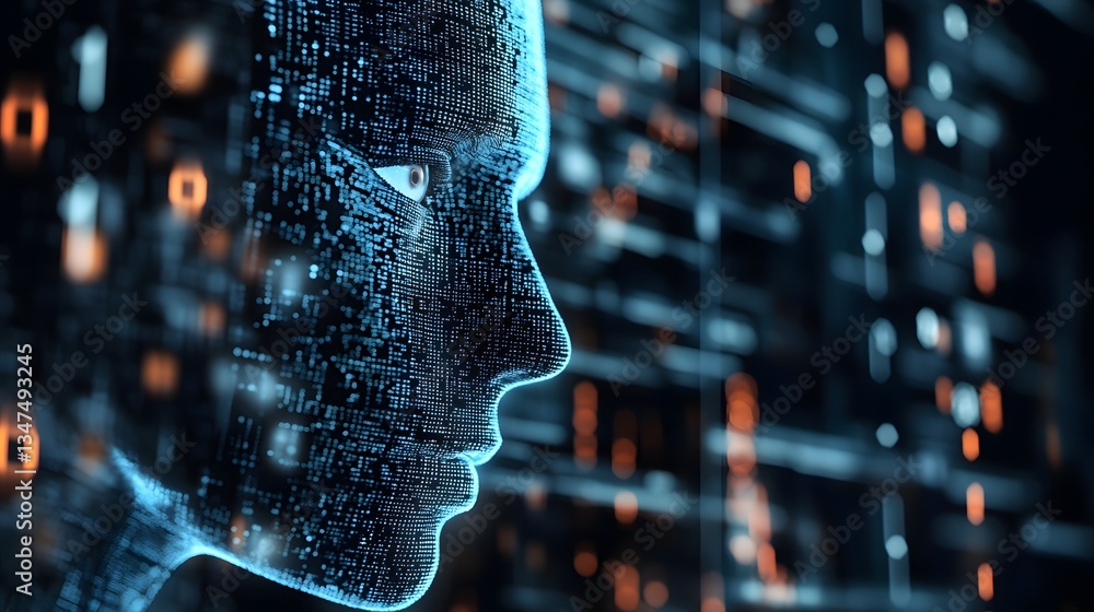 Poster a digital portrait of a human head, made of code, with binary code and technological elements in the
