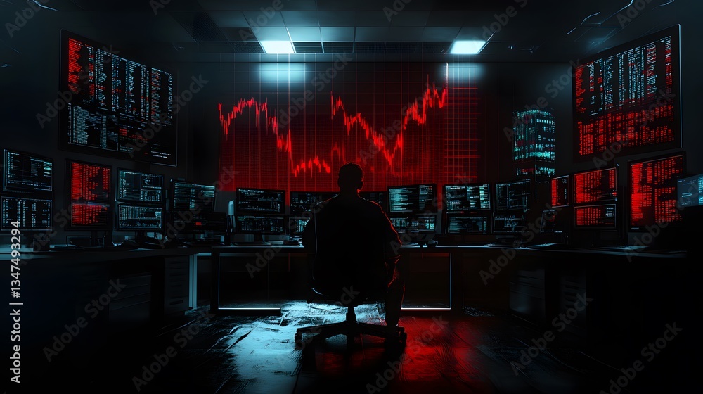 Poster a person in a dark room is analyzing financial data with many computer screens displaying charts
