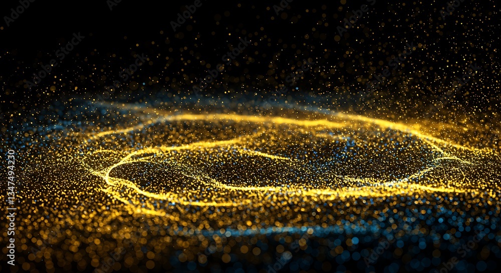 Poster golden particle flow swirls on dark cosmic backdrop abstract bokeh effect