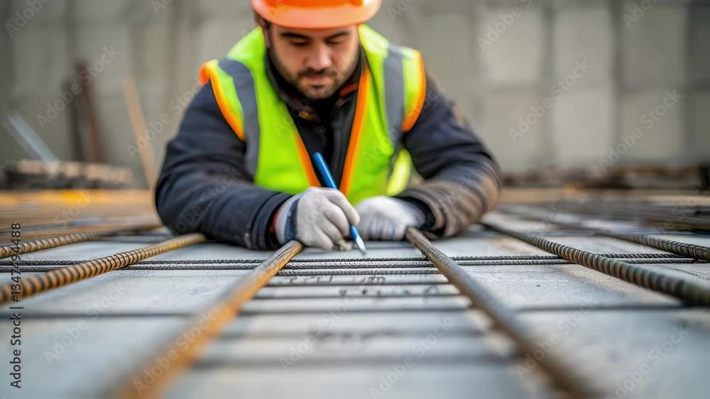 Poster Construction worker carefully marking precise rebar grid with pencil, methodically preparing concrete reinforcement framework for upcoming building project