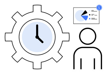 Gear with clock, person icon, and financial chart with pie graph and dollar symbol. Ideal for productivity, planning, time tracking, workflow, efficiency finance reporting. Flat simple metaphor