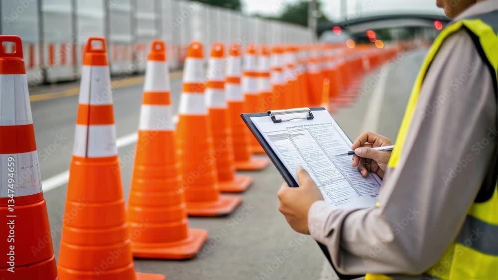 Poster road maintenance worker filling out a checklist on a clipboard while inspecting a row of orange and 