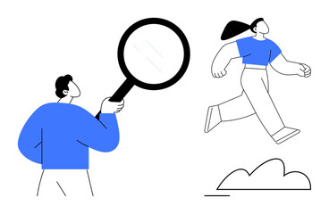 Character uses magnifying glass to focus on another person leaping towards movement or progress. Ideal for growth, exploration, discovery, focus, leadership, opportunity, innovation. Flat simple