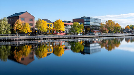 Urban Waterfront Scene with Colorful Autumn Trees Reflecting in Calm Blue Water Under a Clear Sky
