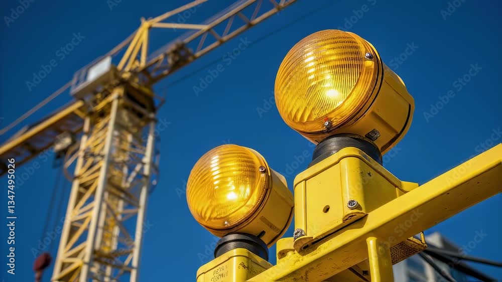 Poster rotating lights are flashing yellow on a construction site, with a crane visible in the background a