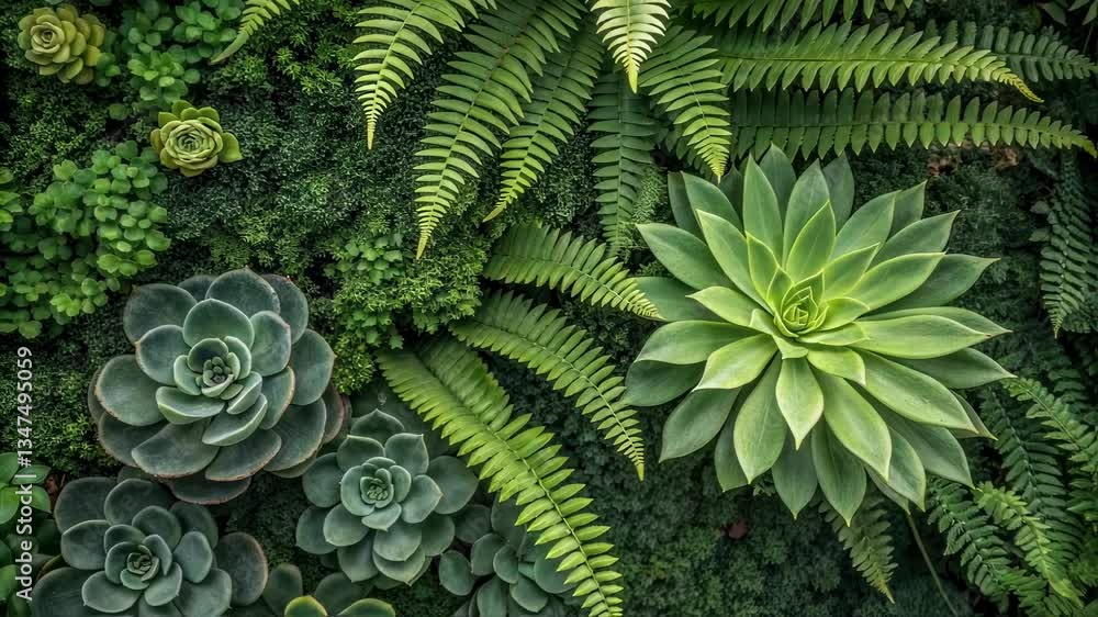 Poster verdant vertical garden displaying diverse succulent and fern species, creating serene natural envir