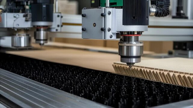 Modern woodworking machinery processes plywood sheets, creating precise cuts and patterns for furniture or construction components within an industrial setting