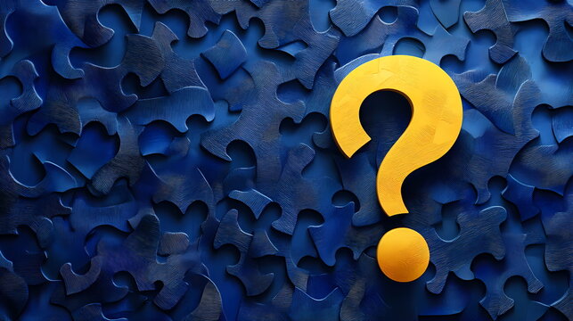 Big yellow question mark over blue puzzle pieces background