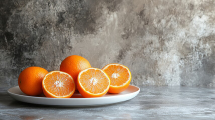 Sliced and whole oranges on a plate against a textured background.
