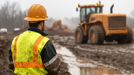 Construction site oversight â Safety-equipped worker directs large equipment, muddy terrain, rural road project.