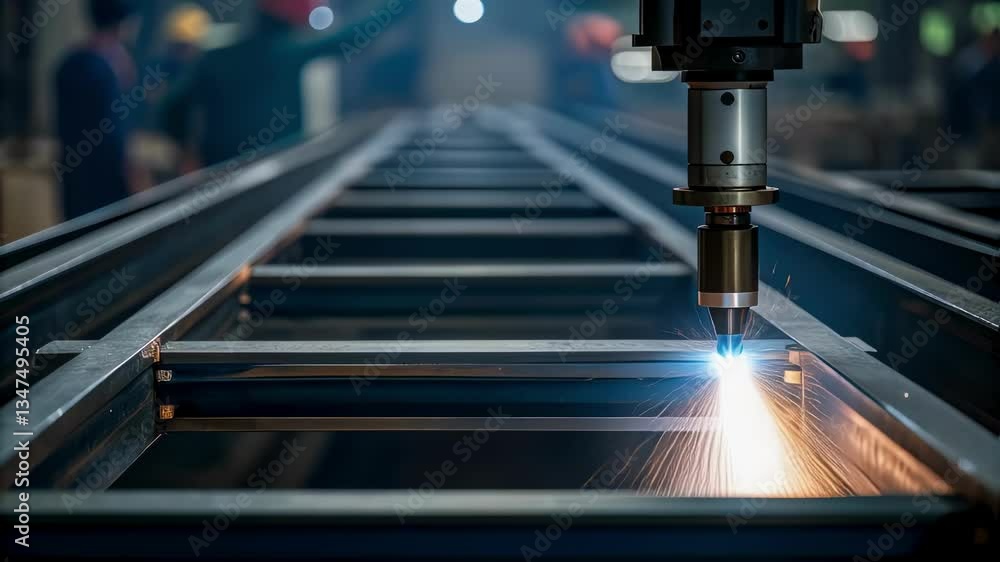Poster precision robotic plasma cutter slicing through metal frame, generating bright sparks during advance