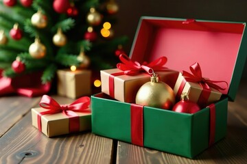 Obraz premium Colorful presents and decorations in a large gift box on a wooden table, present, tree, wrapping