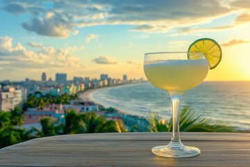Obraz premium Chilled Daiquiri Cocktail with Lime Garnish Against a Stunning Cuban Coastal Backdrop