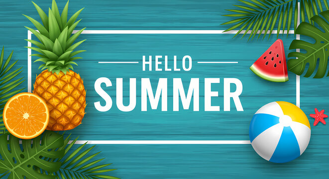 Hello Summer Tropical Fruits  Beach Ball