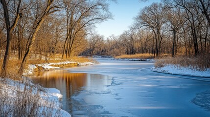 Winter's embrace river scene, the delicate ice covering and serene woodland atmosphere