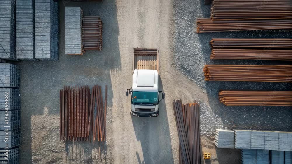 Aufkleber top view of a white truck parked near stacks of metal rods and concrete blocks in an open air storag