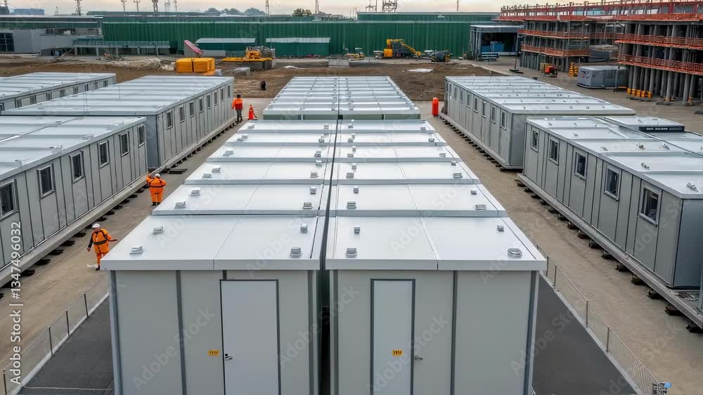 Poster construction workers in orange safety vests are inspecting rows of prefabricated modular buildings a